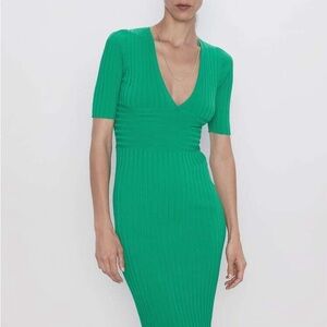 Zara Vibrant Green Ribbed Knee Length Dress